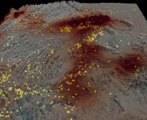 Bewegte Rocky Mountains: Erdbeben (gelbe Kugeln) treten entlang von Hebungszonen (dunkle Bereiche) auf, verursacht durch Strömungen im Erdmantel.