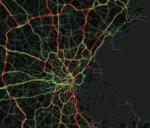 Verkehrsaufkommen während der morgendlichen Stoßzeit in Boston, ermittelt über Bewegungsprofile von Mobiltelefonen.