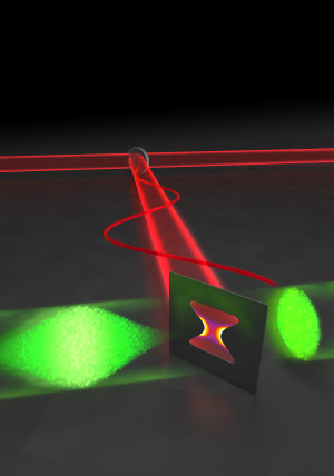 Ein Puls aus Elektronen (grün, von links kommend) trifft auf eine mikrostrukturierte Antenne, die mit Laser-erzeugter Terahertz-Strahlung (rot) betrieben wird. Dadurch verkürzt sich die Dauer des Elektronenpulses auf wenige Femtosekunden.