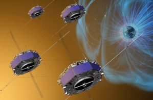 Die vier MMS-Satelliten auf ihrem Weg am Rande des Erdmagnetfelds (künstlerische Illustration)