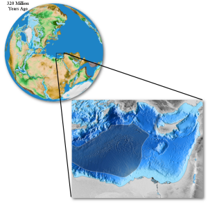 Entstehung des Tethysmeeres, dem Vorläufer des Mittelmeeres, beim Zerbrechen des Superkontinents Pangäa vor vermutlich 340 Millionen Jahren.