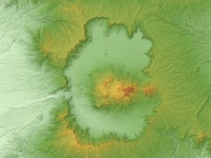 Satellitenaufnahme der Region rund um den Vulkan Aso auf der südjapanischen Insel Kyūshū