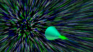 Illustration eines photonischen Mach-Kegels: Dieser bildet sich aus, wenn sich ein Laserpuls schneller bewegt als die von ihm erzeugten Streulichtwellen.