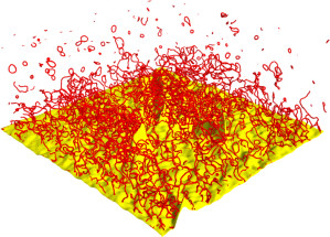 Wirbelschicht in flüssigem Helium: Diese Simulation zeigt die komplexe Dynamik einer suprafluiden Flüssigkeit (rot) an kleinen Unebenheiten (gelb).