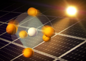Perowskit-Solarzelle: Verformungen des Kristallgitters mit Iod- und Bleiatomen (weiß, Mitte) könnten den hohen Wirkungsgrad erklären helfen.