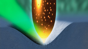 Schema des flexo-photovoltaischen Effekts, der dank einer Änderung der Kristallstruktur unter einer Druckbelastung in Halbleitern wie etwa Silizium auftritt. 
