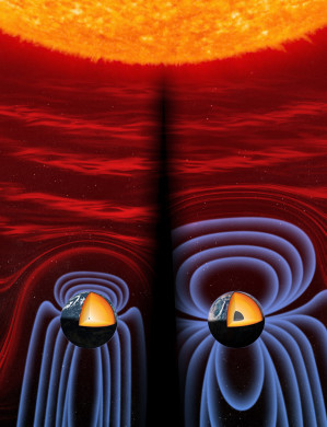 Das von einem Geodynamo erzeugte Erdmagnetfeld schützt die Erde vor dem intensiven Teilchenstrom des Sonnenwinds. Links das schwache Erdmagnetfeld vor 565 Millionen Jahren ohne einen festen inneren Erdkern, rechts das deutlich stärker ausgeprägte Magnetfeld heute.