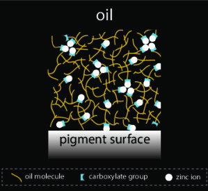 Während der Alterung von Ölbildern verbinden sich Zink-Ionen aus dem Weißpigment mit ölhaltigen Bindemitteln zu verschiedenen zinkhaltigen Molekül-Komplexen. 