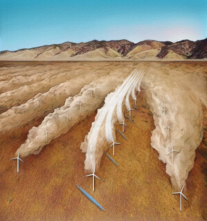 Illustration von Luftströmungen und Turbulenzen in einem Windpark.