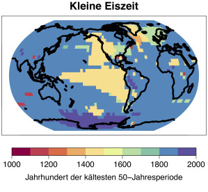 Die „Kleine Eiszeit“ von 1300 bis etwa 1850 war keine globale Kaltphase.  Die kälteste 50-Jahresperiode des letzten Jahrtausends trat regional zu unterschiedlichen Zeiten auf.