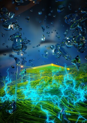 Illustration eines Minikraftwerks, das mit Protein-Nanofäden elektrischen Strom allein aus der Luftfeuchtigkeit erzeugt.