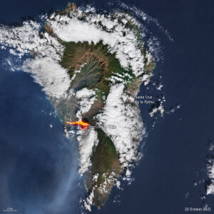 Aufnahme des Satelliten Sentinel-2 von dem jüngsten Vulkanausbruch der Kanareninsel La Palma.