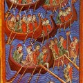 Seekrieger in einer Darstellung aus dem 9. oder 10. Jahrhundert - die roten Schilde deuten auf Dänen hin
