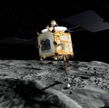 Künstlerische Darstellung der Raumsonde Hayabusa auf dem Asteroiden Itokawa