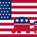 US-Flagge und Parteisymbole der Demokraten und Republikaner