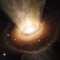 Künstlerische Darstellung des Supermassiven Schwarzen Loches im Herzen der Galaxie NGC 3783 im Sternbild Zentaur. Auf neuen Aufnahmen ist nicht nur der Ring aus heißem Staub um das Schwarze Loch, sondern auch Wind aus kaltem Material an den Polen zu sehen.