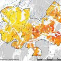 Wärme im Boden unter Karlsruhe im Jahr 2011: Dunklere Farben zeigen höhere Wärmeflussdichten an