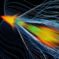 Simulation der Positronenbeschleunigung (Flugbahnen) mit einem Plasma (grün/orange)