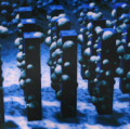 Solarer Wasserstoff: Hauchdünne Säulen aus Titandioxid, besetzt mit Nanokügelchen aus Bismutvanadat können Wassermoleküle mit der Energie des Sonnenlichts effizient spalten. (künstlerische Illustration)