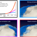 Simulierter Schwund der Eismassen in der Antarktis bis zum Jahr 2150.